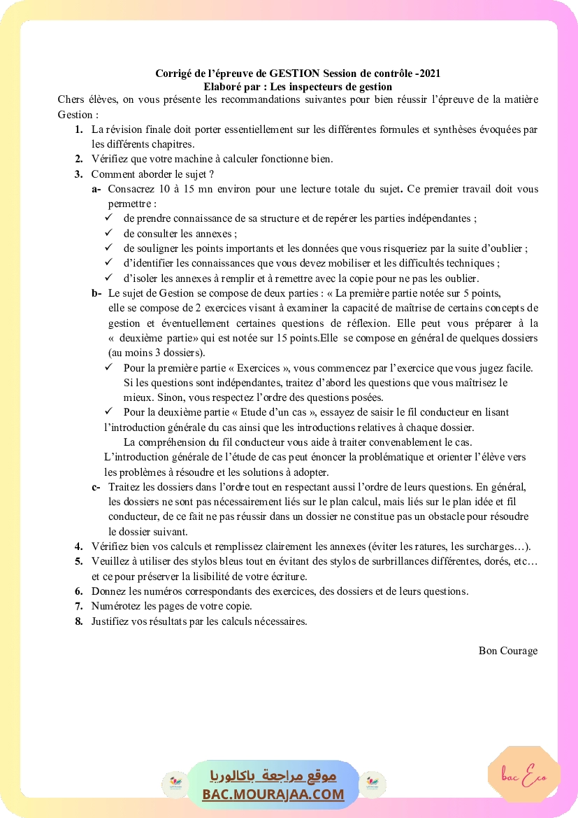 Corrigé controle gestion Bac 2021 – Section eco